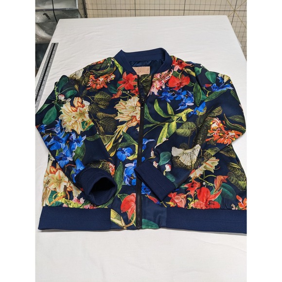 Gibson & Latimer Womens Floral Bomber Jacket Navy Blue Zip Up Medium LA3581SYP - Picture 2 of 10